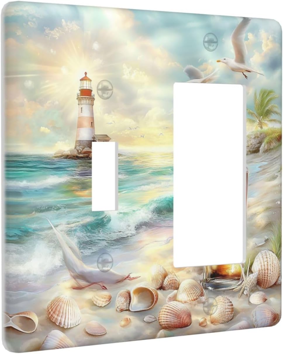 Outlet Covers Beach Ocean Lighthouse Seashells 1 Toggle 1 Rocker Combination Decorative Wall Plate Electrical Switch Plates Light Switch Cover Plate For Bed Room Living Room Decor