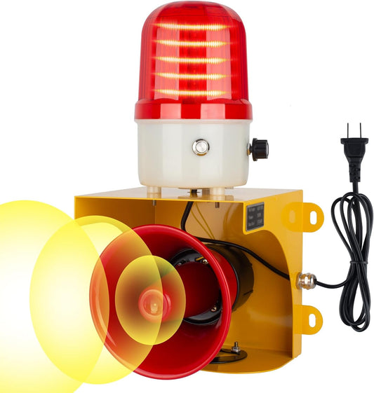 AC110V Industrial Siren Alarm Strobe Light-120dB Loud Horn&Waterproof Red Beacon Warning Light for Emergency,Factory,Fires,Tornado,Intruder Deterrent (with Switch&Volume – Adjustable 0–120dB)