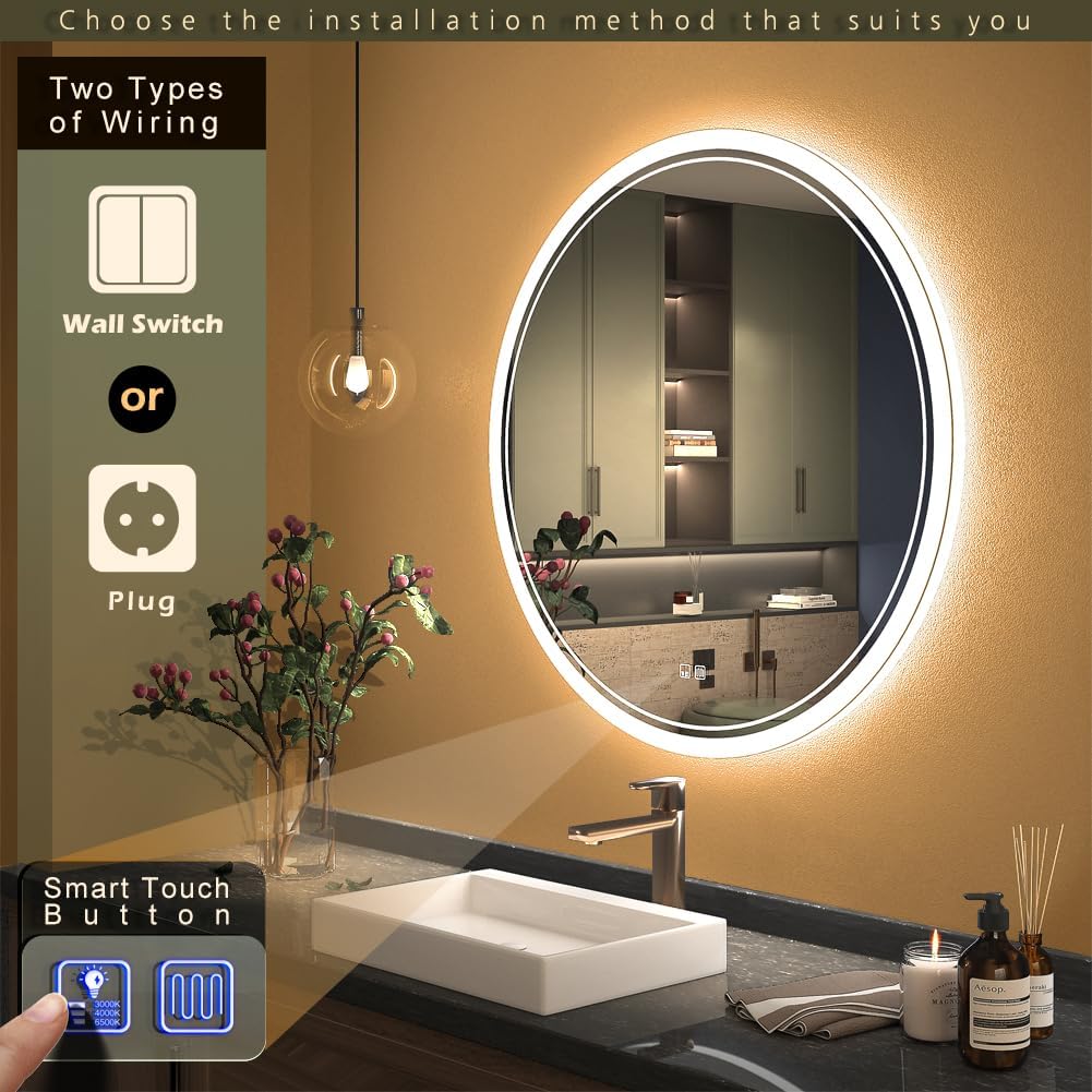 KWW Round Mirror Bathroom LED Lighted Mirror, Illuminated Dimmable Anti-Fog Wall-Mounted Makeup Vanity Mirror with Lights (39.5" L x 39.5" W)