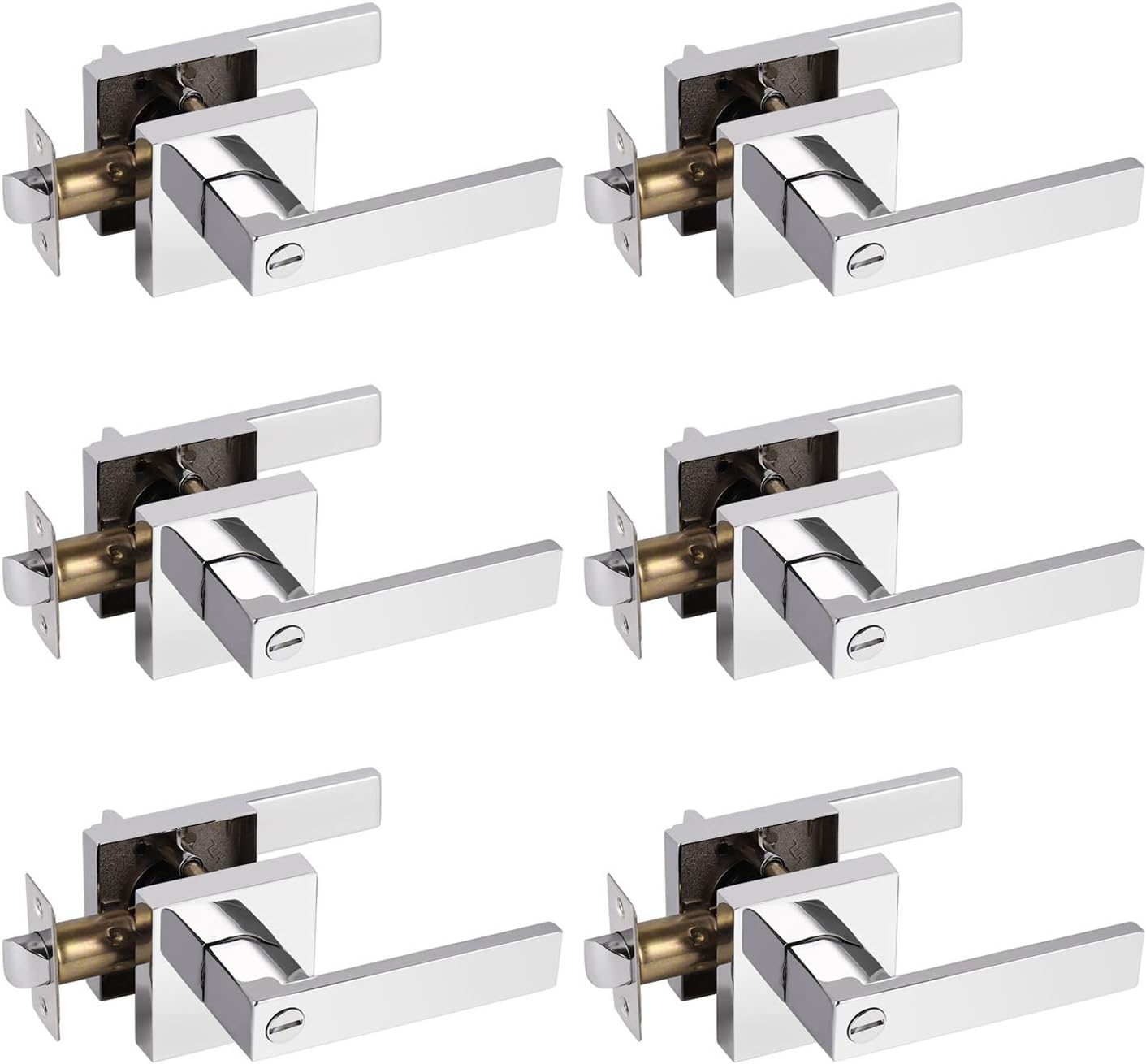 Probrico Polished Chrome Privacy Door Levers Heavy Duty Lockset for Interior Bedroom/Bathroom, Flat Square Universal Handing Handlesets/Leversets, 6 Pack