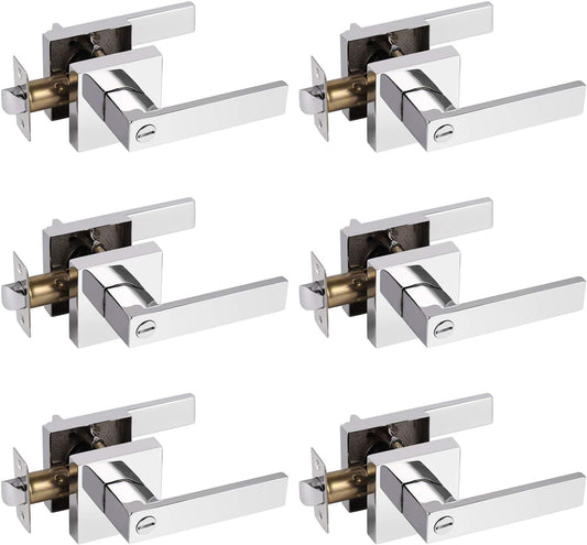 Probrico Polished Chrome Privacy Door Levers Heavy Duty Lockset for Interior Bedroom/Bathroom, Flat Square Universal Handing Handlesets/Leversets, 6 Pack
