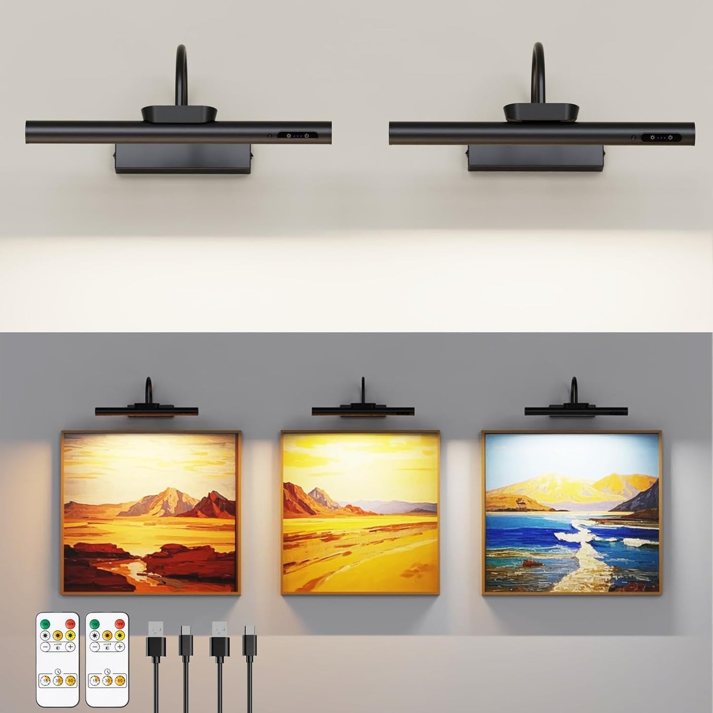13.8inch Battery Operated Wireless Picture Light，Remote Control Painting Display Lights, Rechargeable Wall Lights with Three Modes and Power Display for Art Frame (13.8in Black-2set)