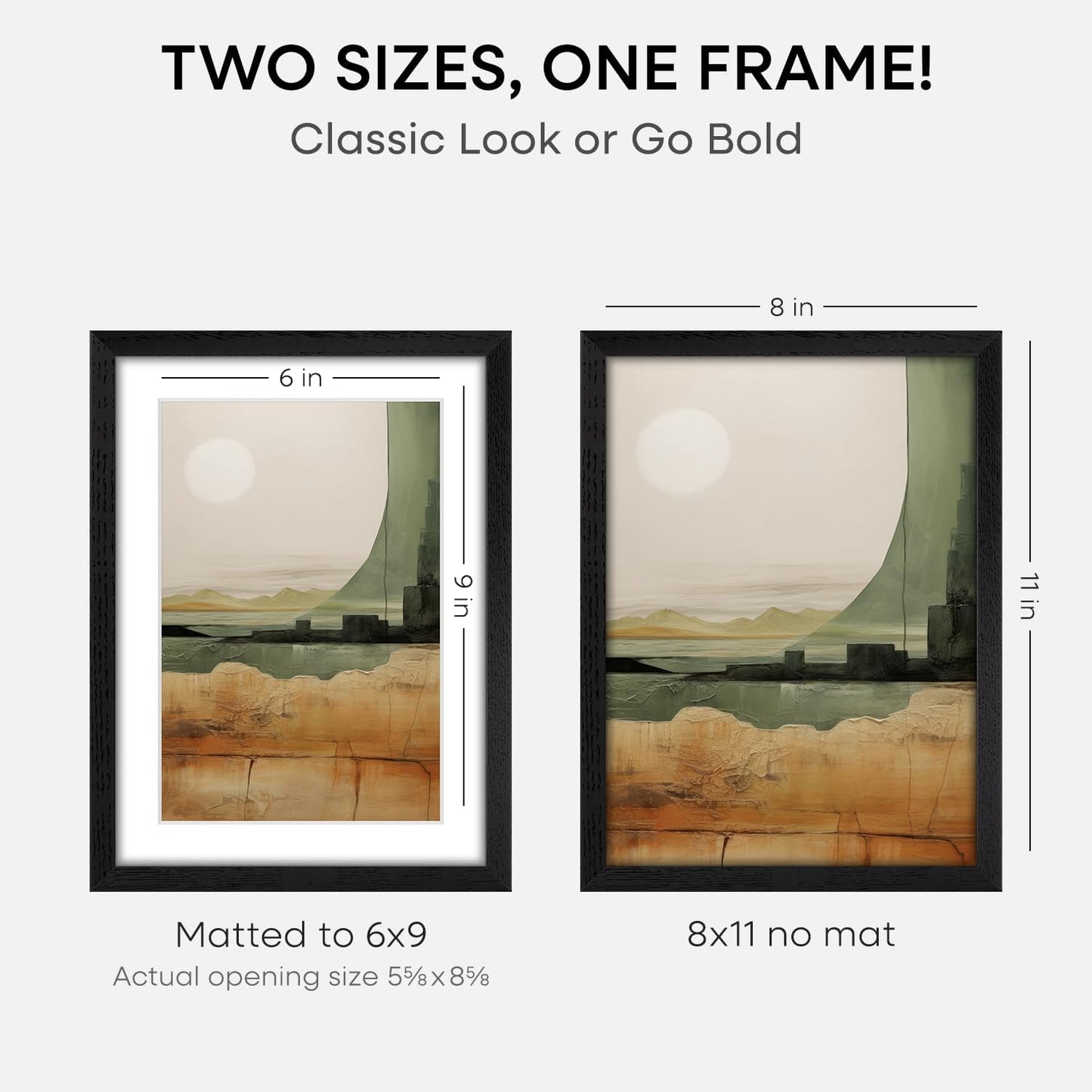 Homeforia 8x11 Black Picture Frame, High End Oak 8 x 11 Wood Frames with Mat 6 by 9 Print, 8by11 Wooden Frame Matted to 6x9 inch Photo, 11x8 Wall or Tabletop Frames, Tempered Glass, Wall Kit, Set of 1