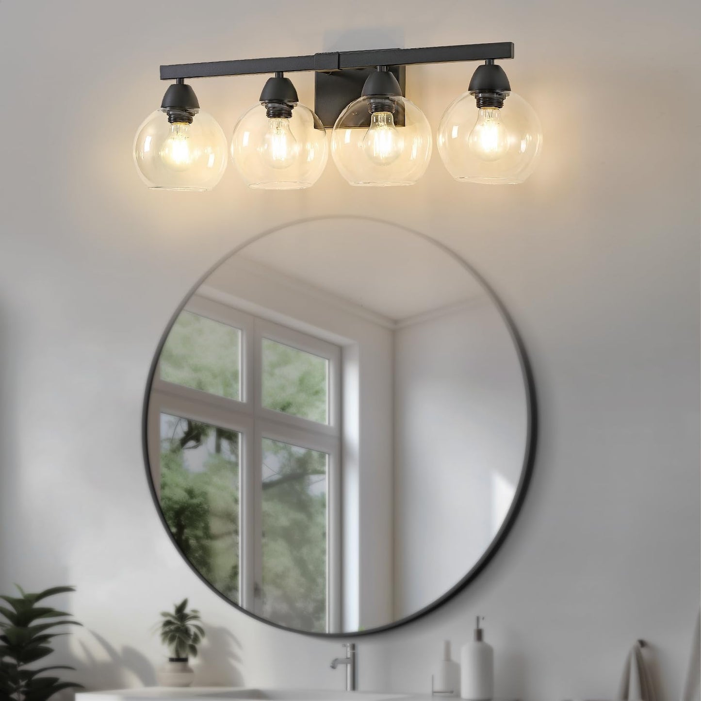 4-Light Bathroom Vanity Light, Matte Black Wall Sconce with Hand-Crafted Thick Glass Shades, High Transparency & Few Flaws, Perfect for Mirror, Bedroom, Hallway