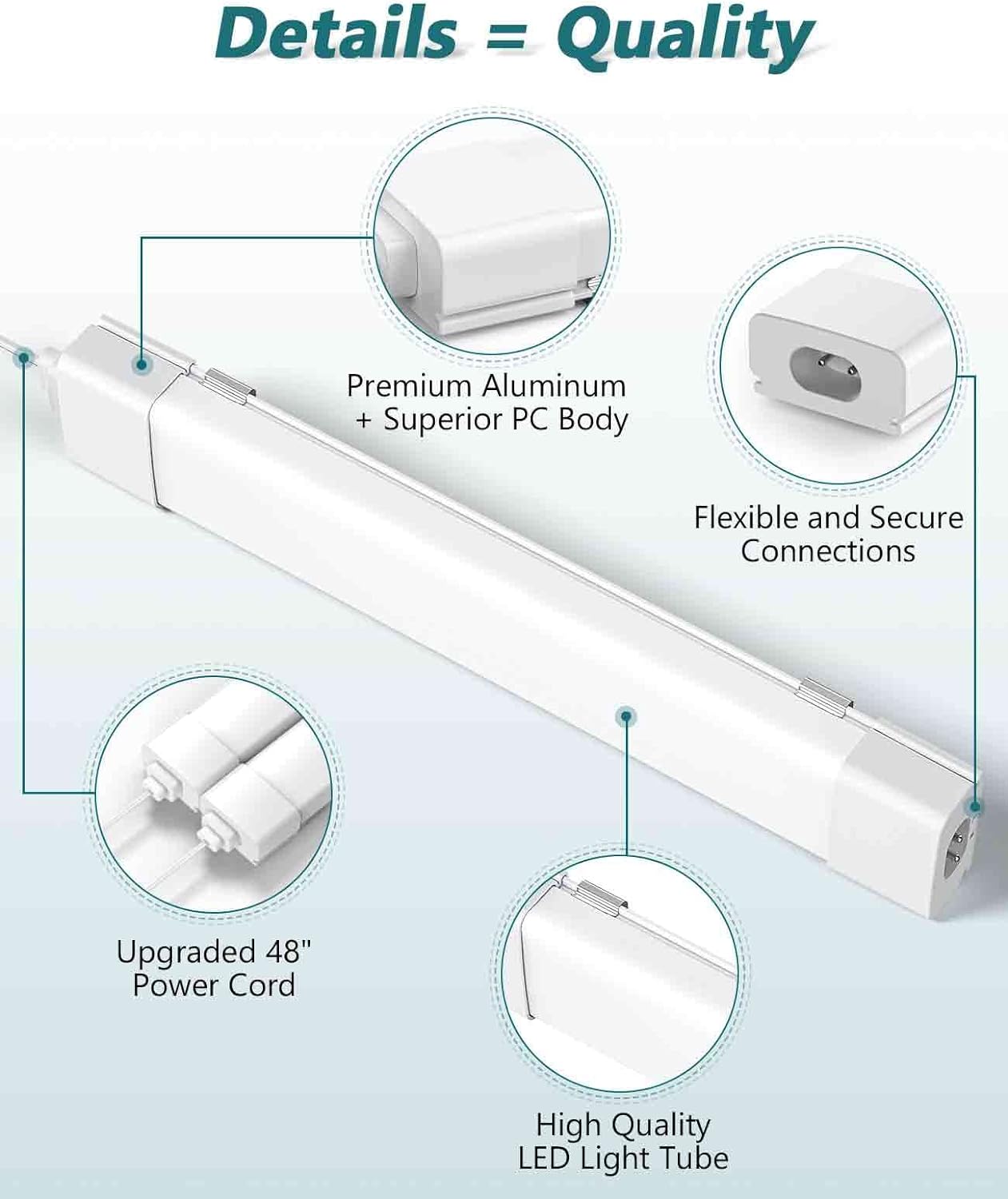 LED Shop Light With Plug, 4FT Waterproof Linkable Tube, 36W Cabinet Lighting 5000K Wired Electric Ceiling With ON/Off Switch, 4000LM Closet Light for Workshop, Room