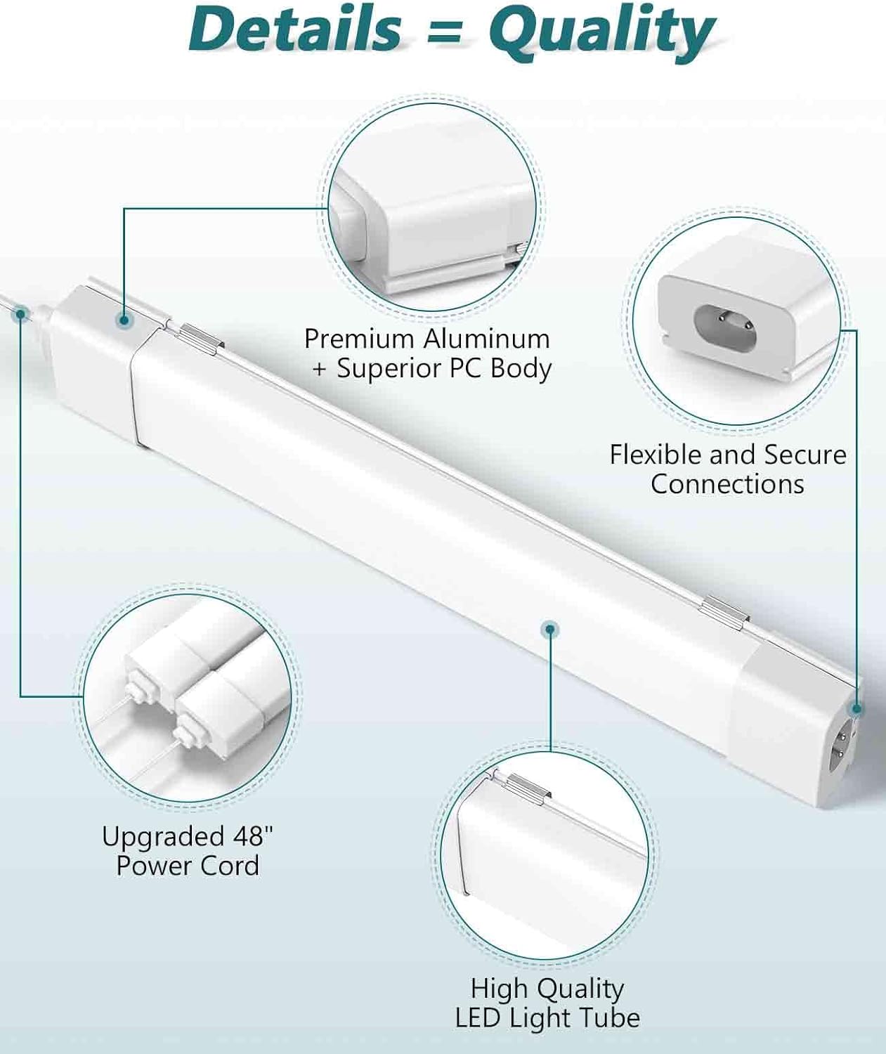 LED Tube Light Fixture with Plug, 1.4FT 1800LM 5000K Utility Shop Light, Linkable Cabinet Light for Garage, Kitchen, Bathroom, Closet, Office - 1.4Ft, Triproof, White