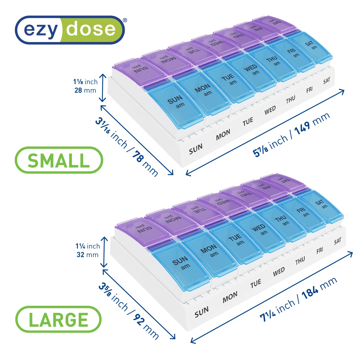 EZY DOSE Weekly AM/PM Pill Organizer, 7-Day Vitamin Container and Daily Medication Box with Large Pop-Out Compartments, 2 Times a Day Pill Holder, Blue and Purple Lids, Travel-Friendly Design