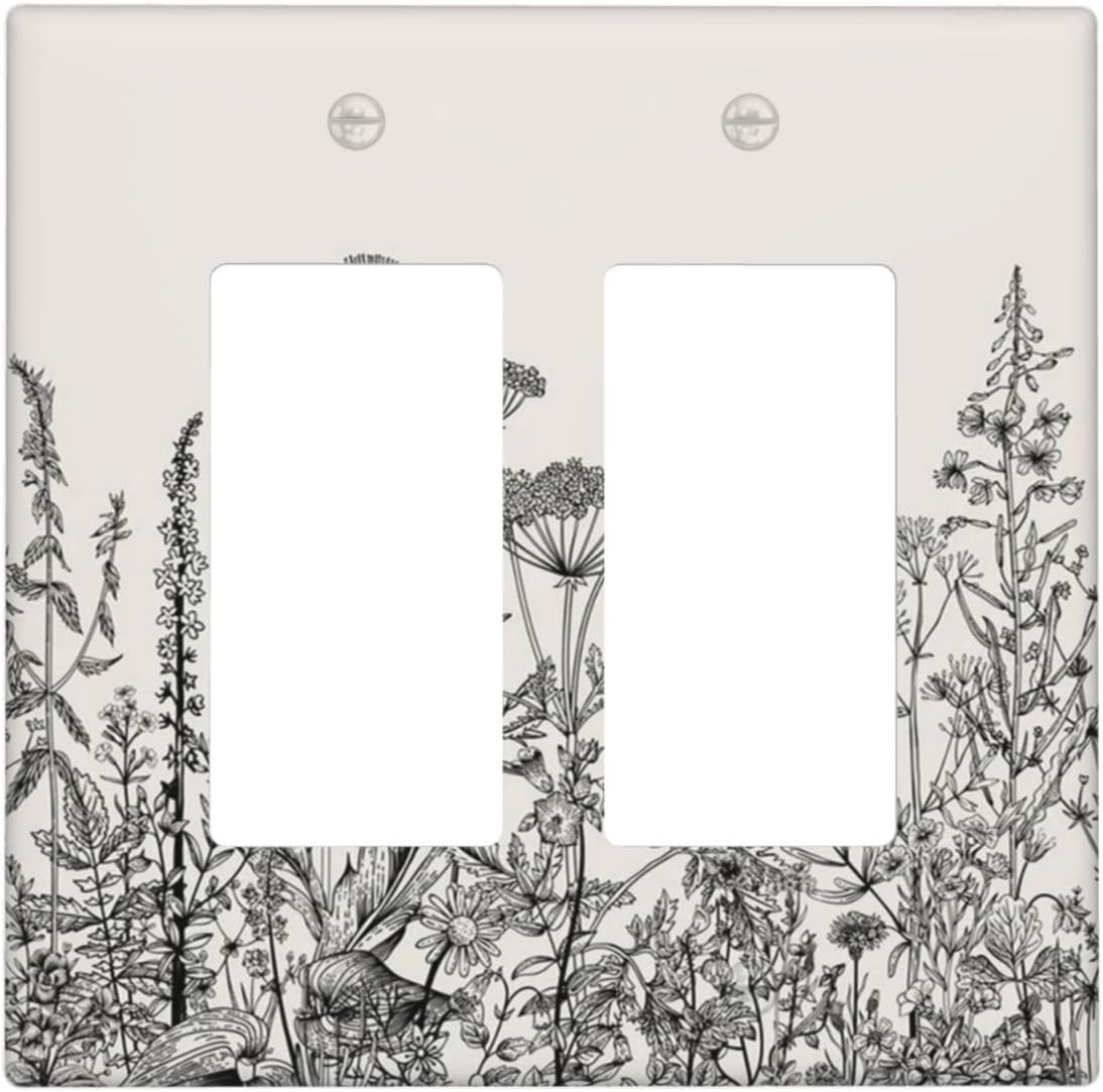 Decorative Outlet Covers Beige Skech Plant Leaves Flowers 2 Gang Wall Plate Double Rocker Two Switch Wall Cover Plate Light Switch Cover Plate Faceplate for Country Bedroom Home Decor