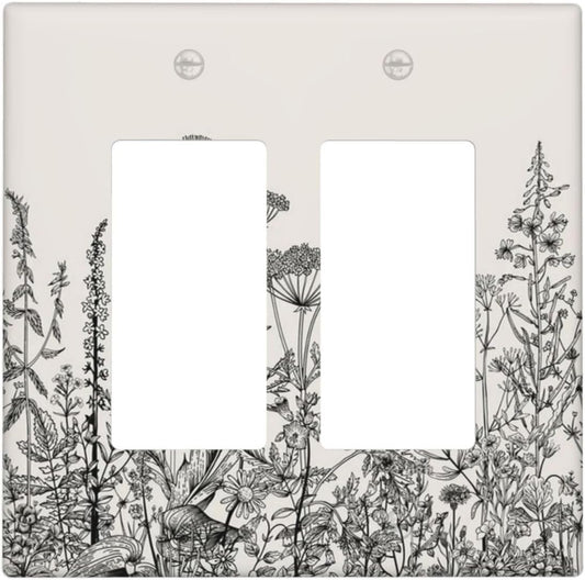 Decorative Outlet Covers Beige Skech Plant Leaves Flowers 2 Gang Wall Plate Double Rocker Two Switch Wall Cover Plate Light Switch Cover Plate Faceplate for Country Bedroom Home Decor