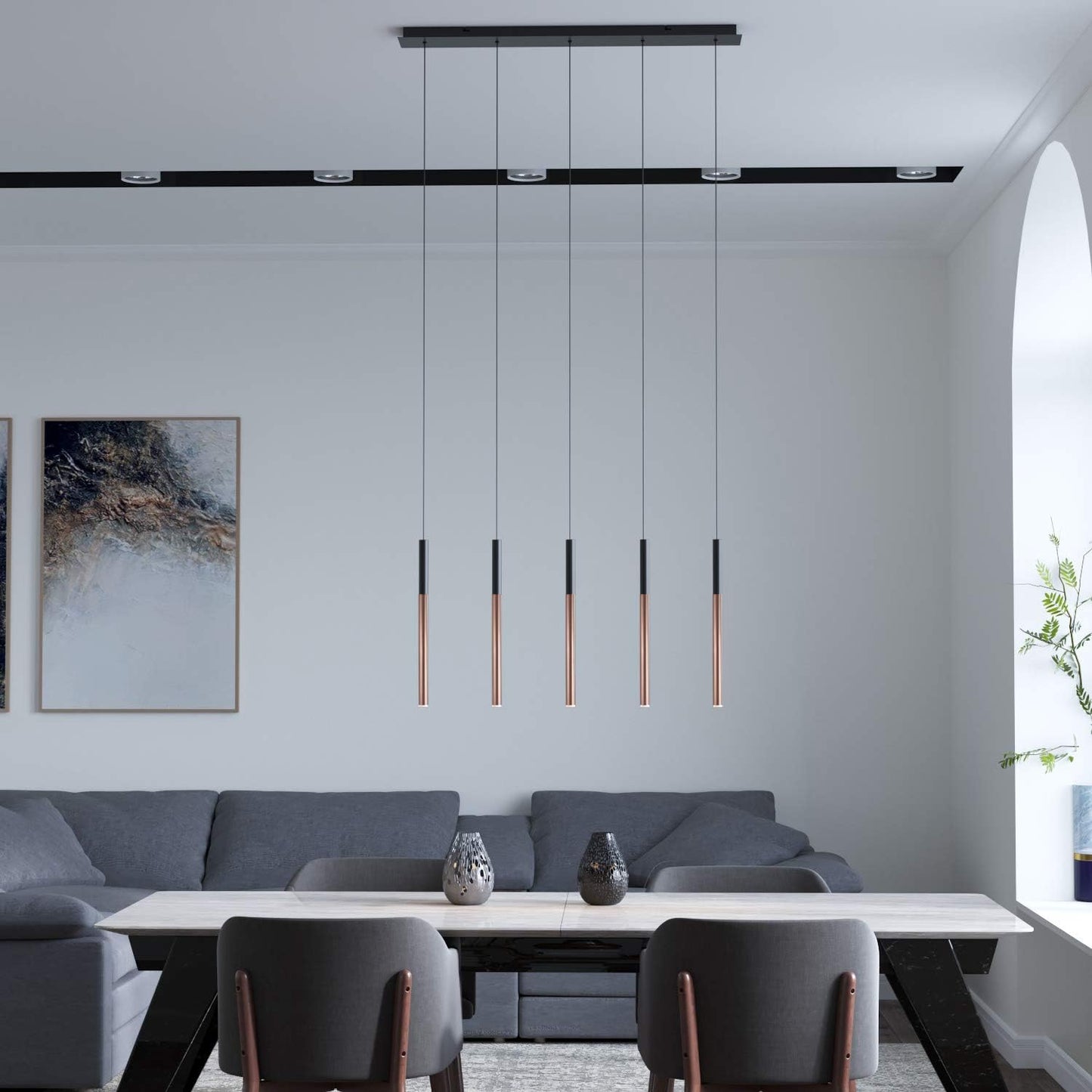 ALTAIR 5 Mini Pendant Lighting Black-Copper - LED Hanging Light Fixture for Kitchen Island, Bar, Foyer - Cluster Pendants - Dimmable, Adjustable Wire, Lamp Bulb Included