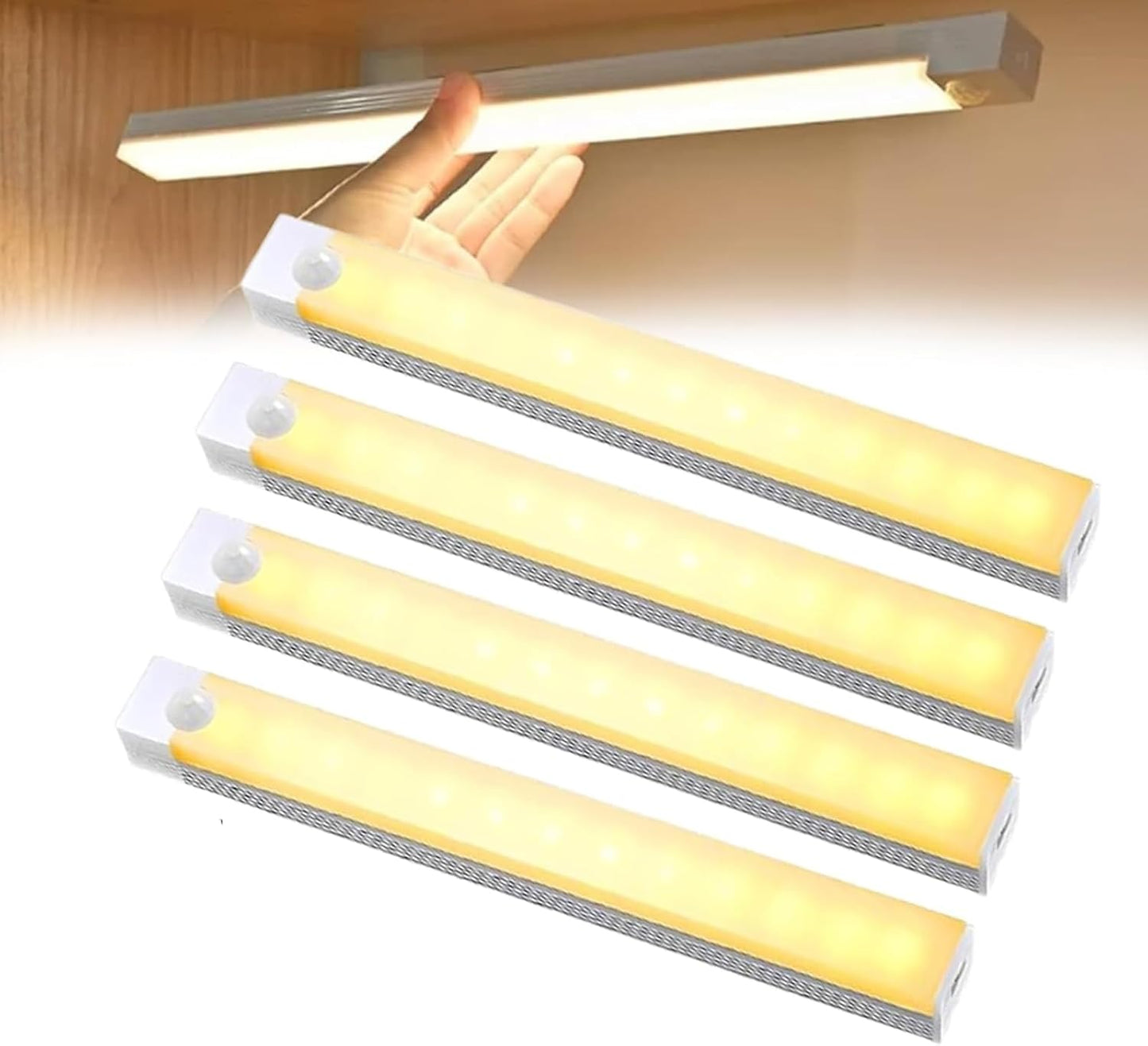 Punch-Free Smart Sensor Magnetic Rechargeable LED Lights, Motion Sensor Light Indoor for Stairs, Wardrobe, Cabinet (4PCS Warm Light,20cm/7.87in)