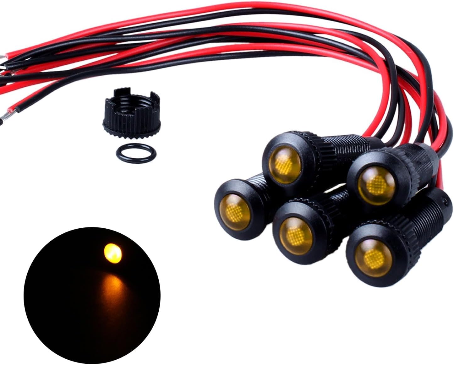 5pcs 8mm LED Indicator Light Plastic Black Signal Dot Lamp 12V-24V 5/16" Mounting Hole Size with 15cm/5.9in. Wire (Yellow LED)