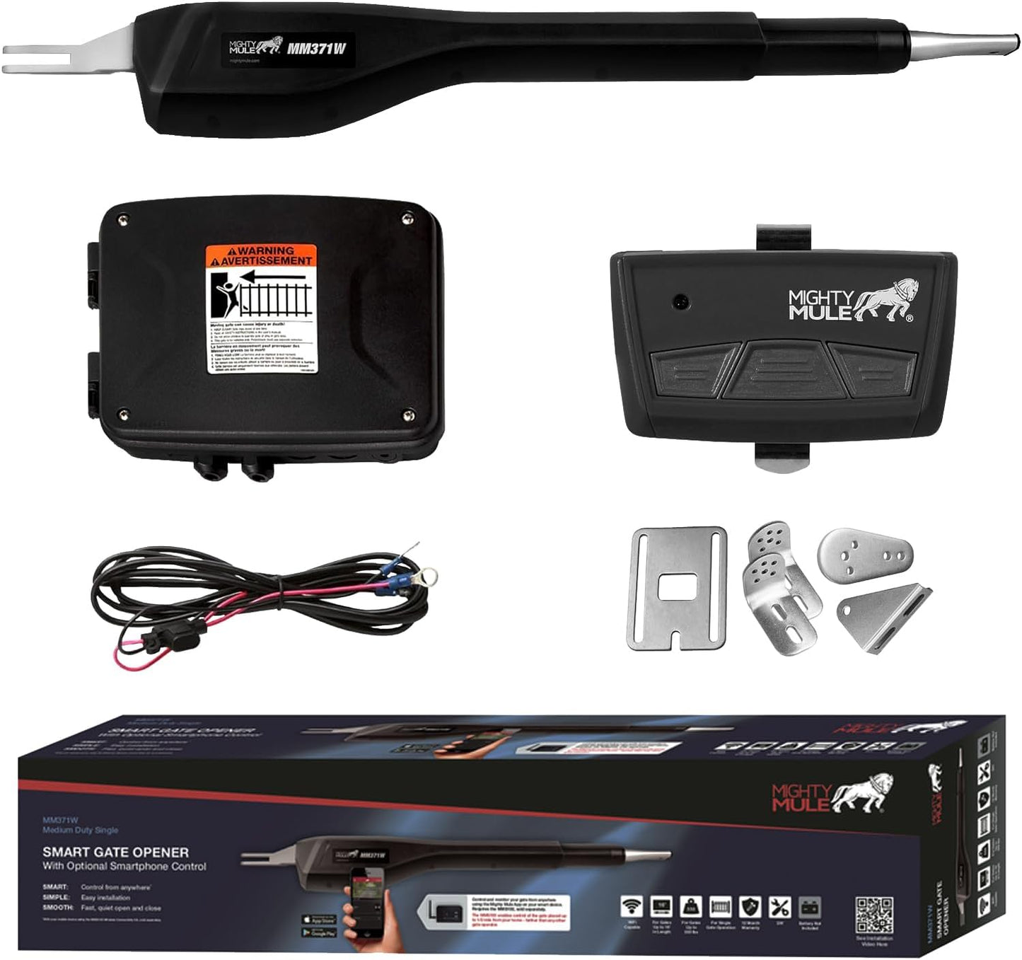Mighty Mule MM371W Automatic Gate Opener, Smart and Solar Ready, Includes Gate Opener Remote and More-Up to 16ft Long or 550lb, Black, 1 Gate Opener Kit