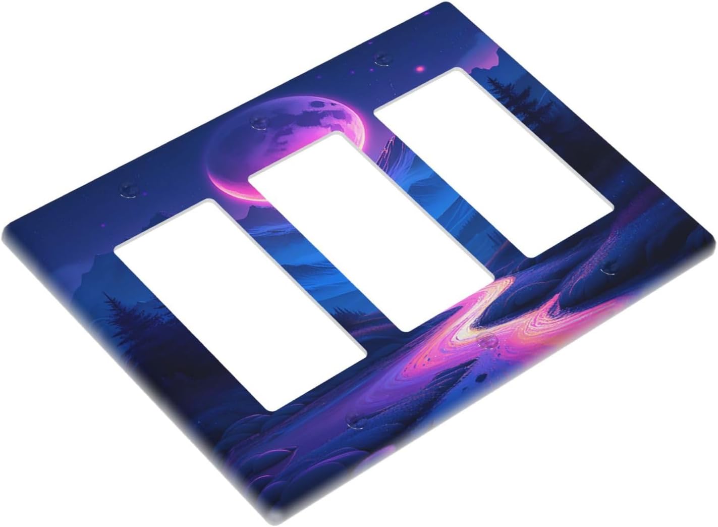 Purple Cyberpunk River Full Moon Mountain Forest Light Switch Covers 3 Gang Rocker Decorative Triple Outlet Wall Plate Cover Electrical GFCI Switchplate for Bedroom Bathroom Decor