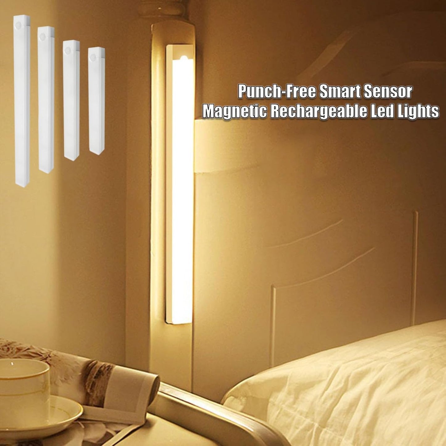 Punch-Free Smart Sensor Magnetic Rechargeable LED Lights, Motion Sensor Light Indoor for Stairs, Wardrobe, Cabinet (4PCS Warm Light,30cm/11.81in)