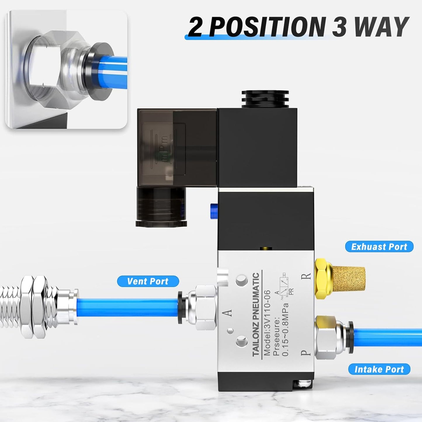 TAILONZ PNEUMATIC 1/8"NPT Solenoid Valve 3V110-06 DC12V Single Coil Pilot-Operated Electric 2 Position 3 Way Connection Type (Junction Box)