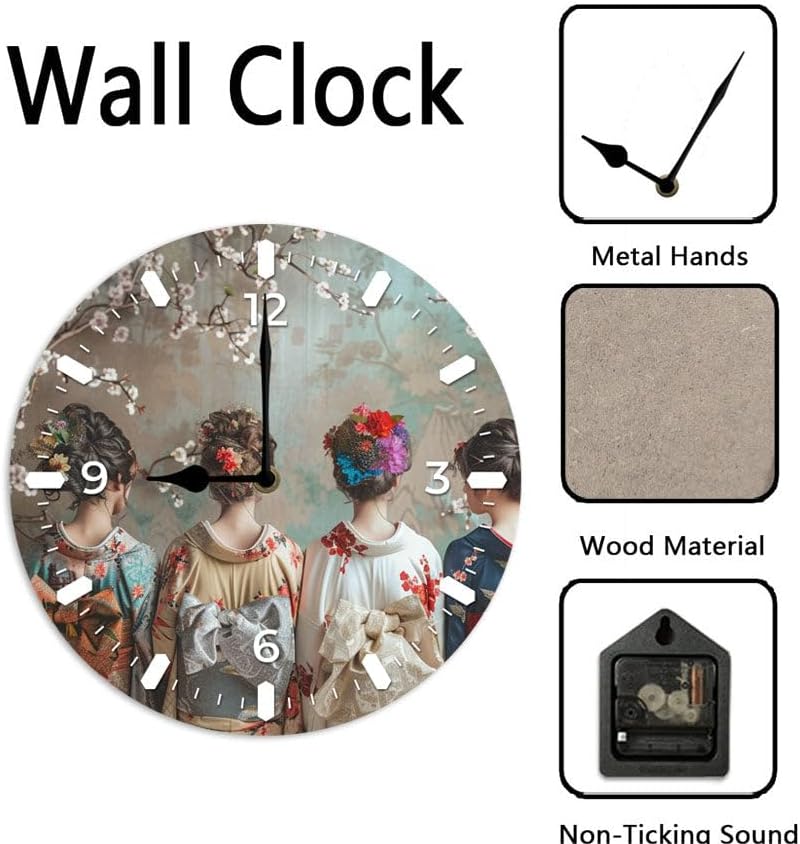 10 in Elegant Kimono Beauties -6 Wood Wall Clock – Digital Time Display, Smart Home Compatible for Bedside or Workspace