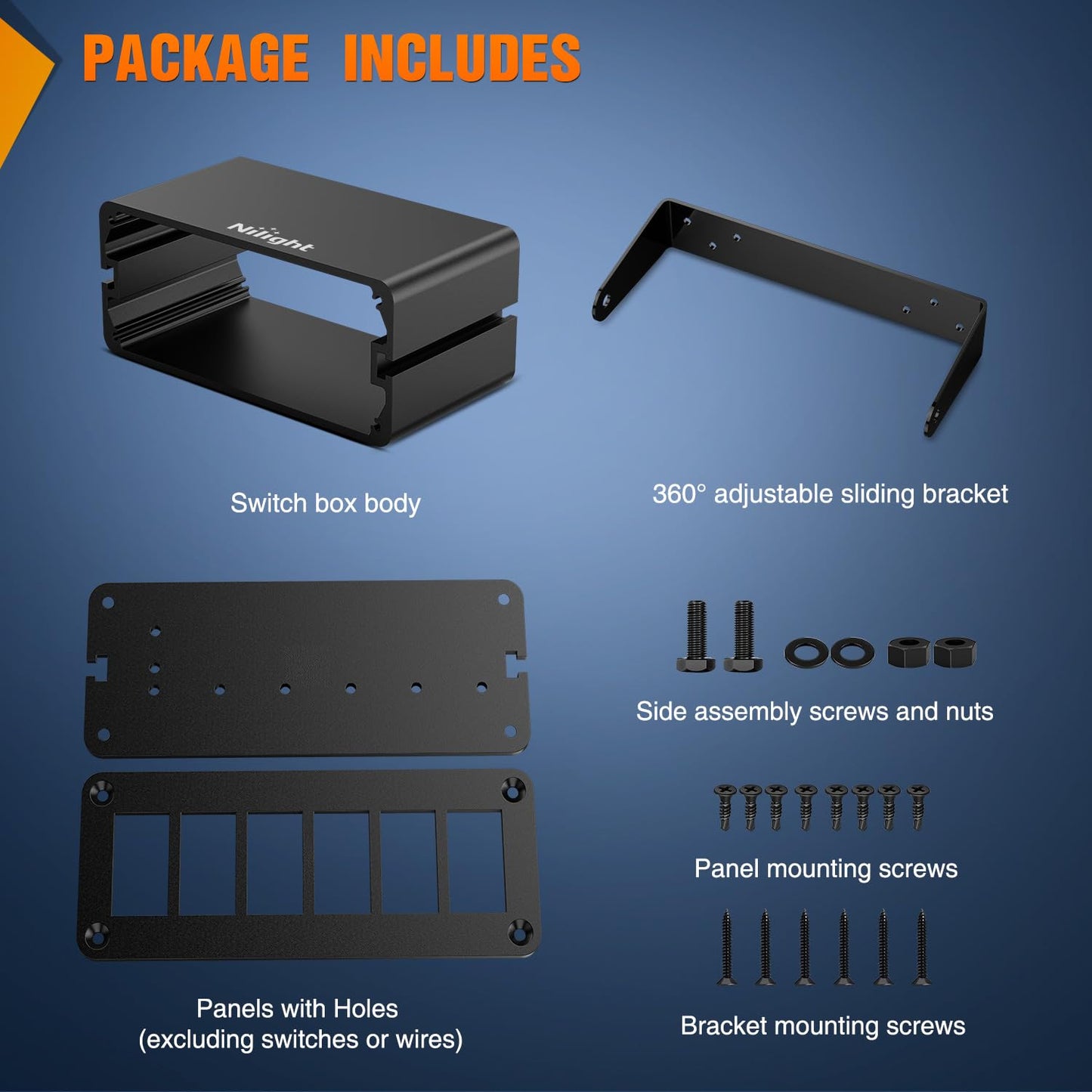 Nilight 6 Gang Rocker Switch Box 6 Holes Panel Detachable Installation Housing Waterproof Aluminum Rotatable Mount Bracket 12V 24V DIY Toggle Switches Voltmeter USB Socket for Boats Cars RVs Trucks