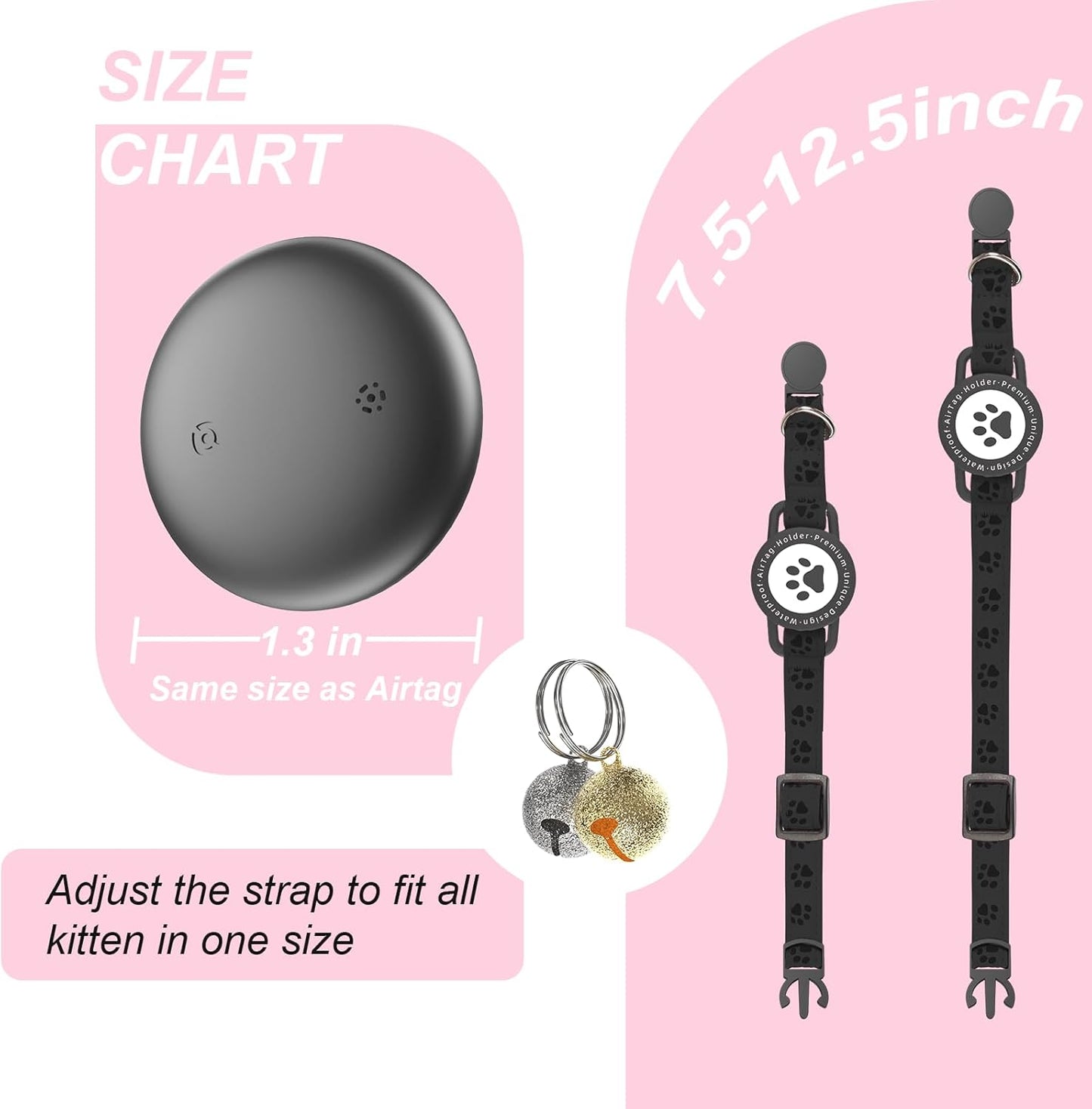 GPS Tracker for Cats, Waterproof GPS Cat Trackers Cats Collar with Bells, No Subscription, GPS Cat Collar, Adapt with Apple Find My (iOS Only) Finder Tag for items Pets Christmas Gift (BLACK)