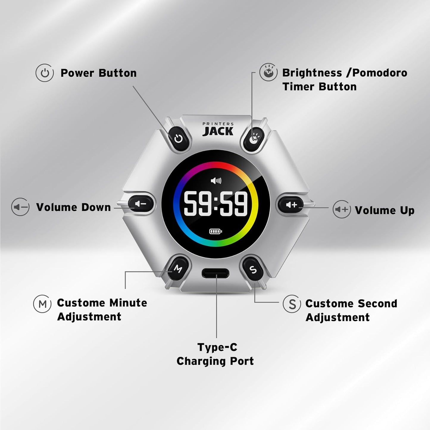 Jack Pomodoro Timer - Productivity Cube & Visual Focus Timer, Mute & Vibration & Adjustable Sound Alert, for Office, ADHD, Study & Work, 3/5/10/25/30/60min & Custom Countdown - Silver