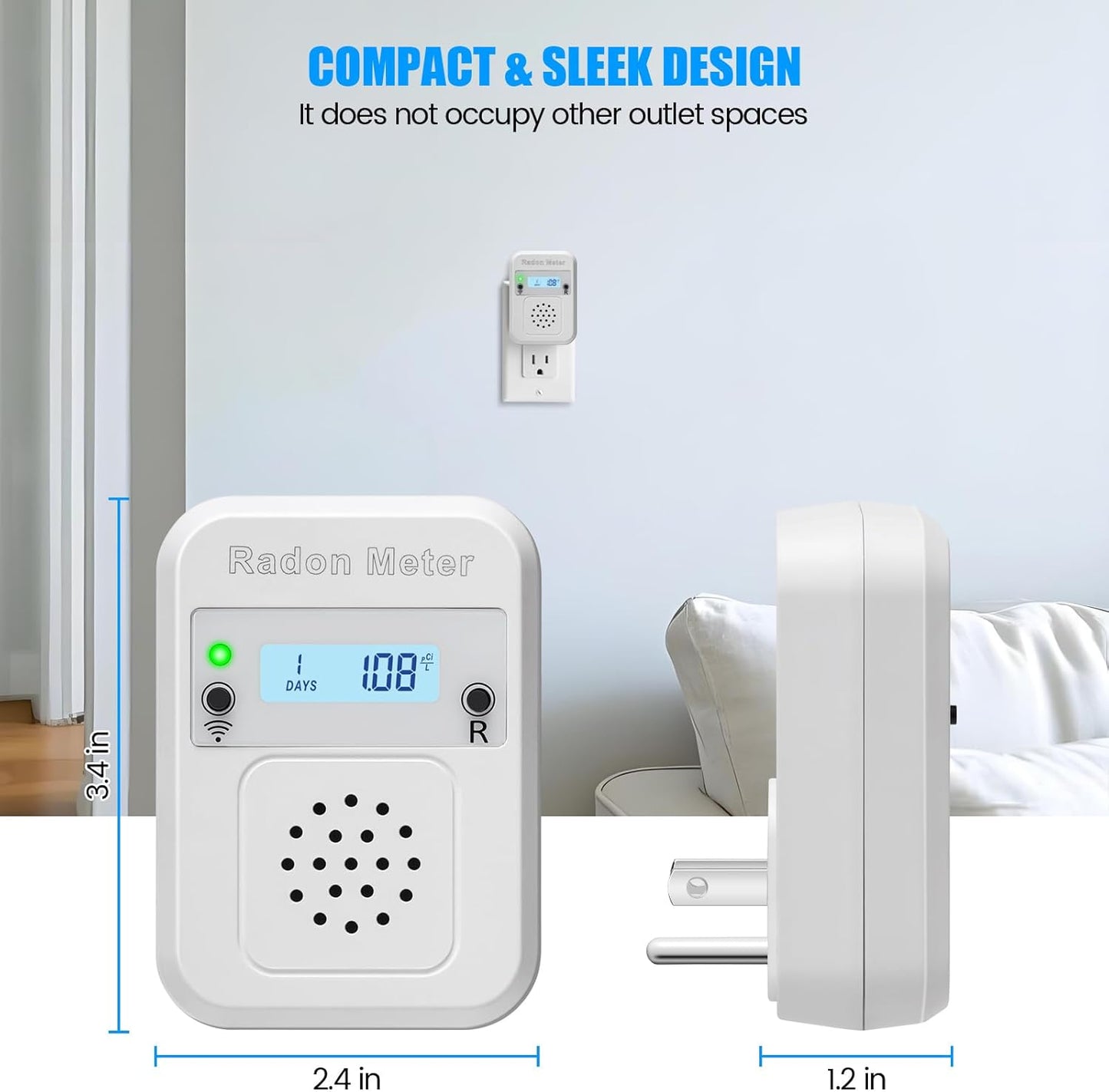 WiFi Home Radon Detector, Portable Radon Meter with Real-Time Short & Long-Term Monitoring, Plug-in Design, Instant Alerts & App Control