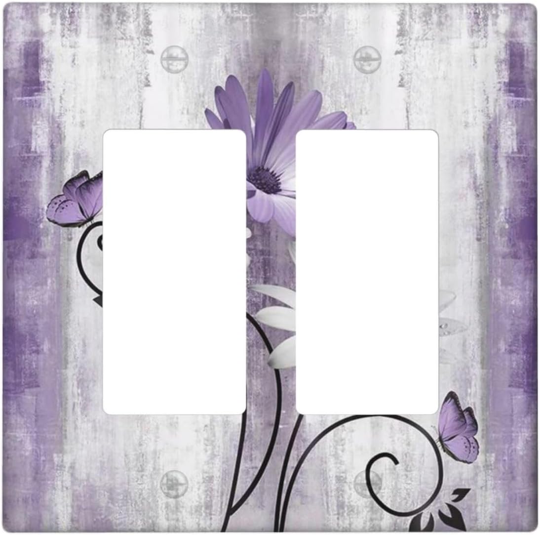 Decorative Outlet Covers Rustic Purple Daisy Grey Flowers 2 Gang Wall Plate Double Rocker Two Switch Wall Cover Plate Light Switch Cover Plate Faceplate for Country Bedroom Home Decor
