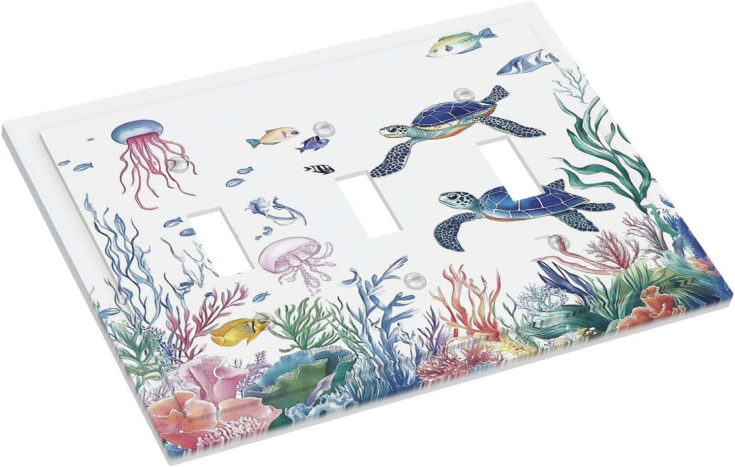 Blue Sea Turtle Ocean Fish Octopus Coral Decorative Switch Plates 3 Gang Wall Plate Triple Toggle Light Switch Cover Faceplate Electrical Wall Panels For Bathroom Kids Room Decor
