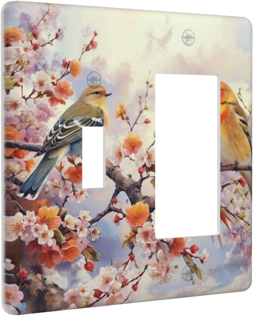 Birds Sitting on Flowers Tree Branch Light Switch Covers 2 Gang Single Toggle Rocker Combination Wall Plate Cover Electrical Faceplate Decorative Switch plate for Farmhouse Living Decor