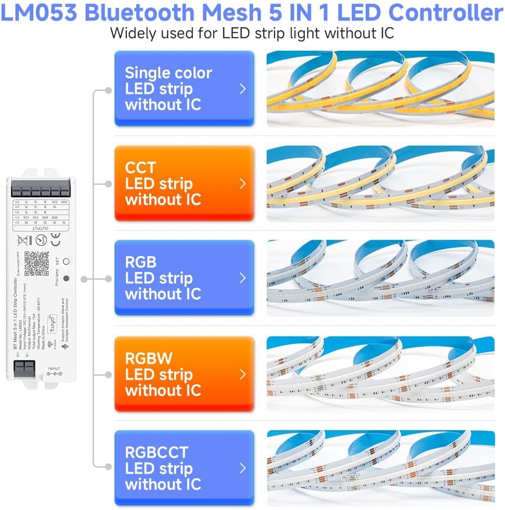 5in1 LM053 Bluetooth Mesh PWM LED Controller SmartLife TuyaSmart APP Control for Dimming CCT RGB RGBW RGBCCT LED Strip Work with WR01RF WR02RF RC01RF RC02RF RC03RF RC04RF RC05RF RF Remote