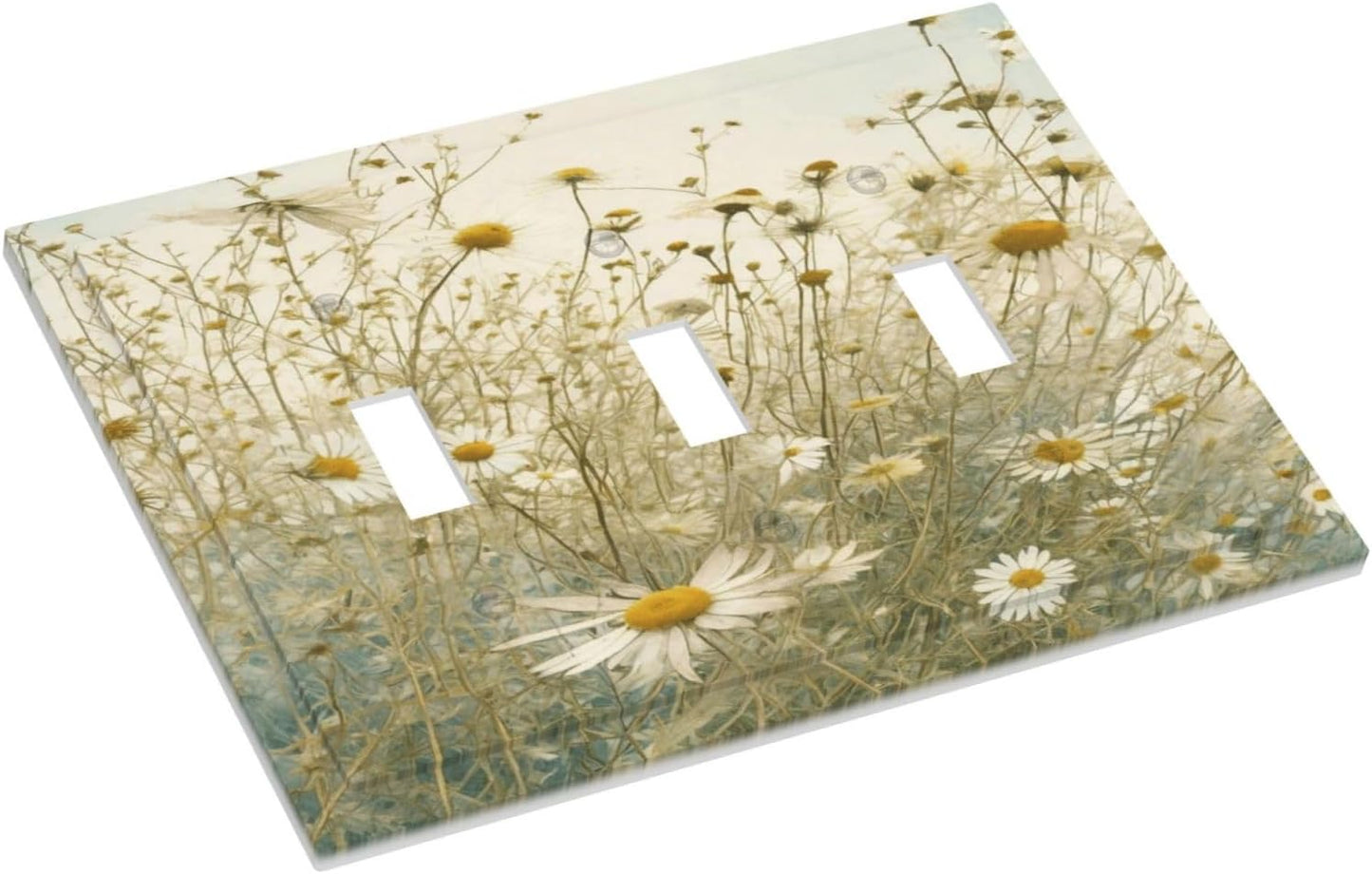White Wildflowers Daisy Vintage Floral Decorative Switch Plates 3 Gang Wall Plate Triple Toggle Light Switch Cover Faceplate Electrical Wall Panels for Bed Room Living Room Decor