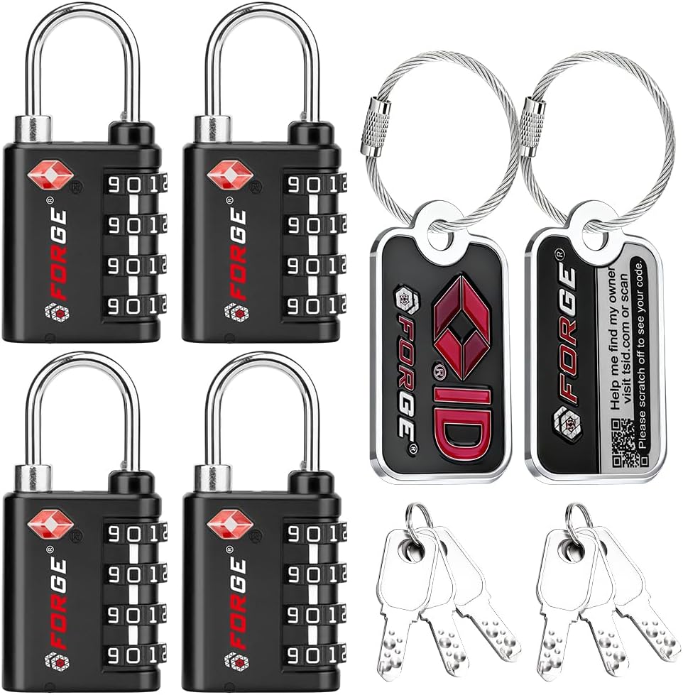 Forge Dual-Opening: Key or Combination Lock, TSA Approved Lock for Luggage, Pelican case, Travel, Gym, School, Luggage Combination Lock, Travel Bag Lock (Black 4 Locks and 2 ID)