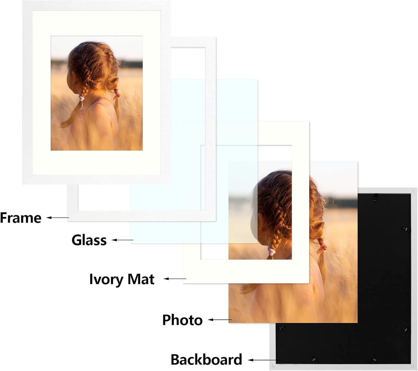 Golden State Art, Simple and Stylish Picture Frame with Ivory Color Mat & Real Glass Vertical Horizontal Display (11x14, White)