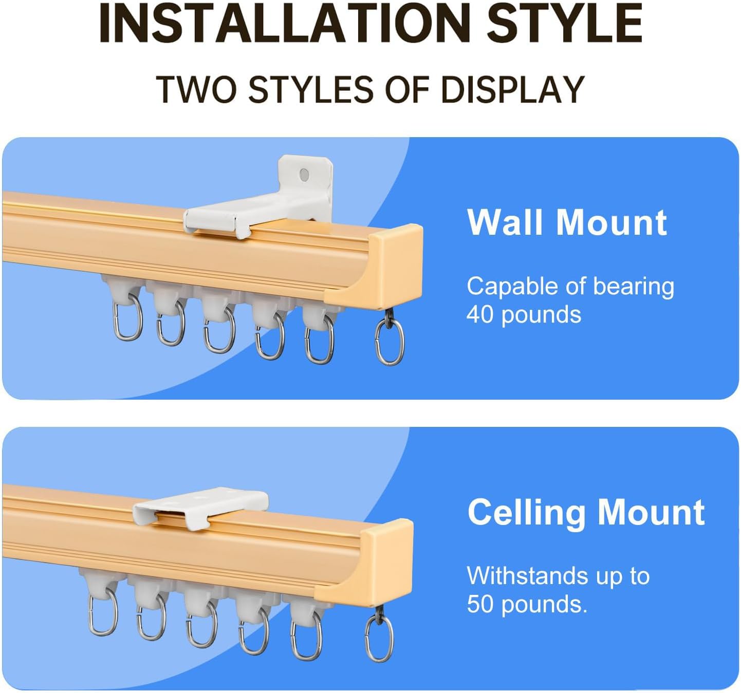 Ceiling Curtain Track Ceiling and Wall Mounted Heavy-Duty Curtains Rails Room Divider Curtains Shower RV Tracks Ceiling Sliding Curtain Rods With Clips, Gold 18ft.
