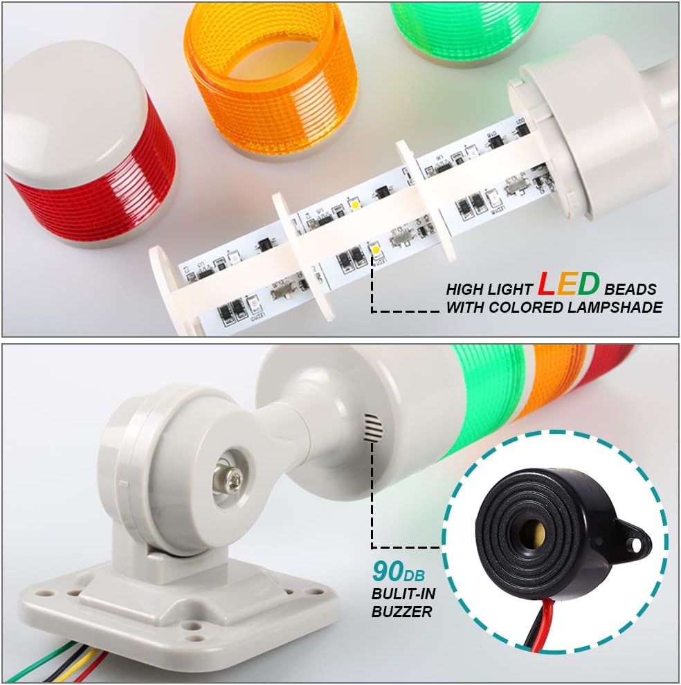Stack Lights, Industrial Signal Tower with Rotatable Base, Steady/Flashing Light Switchable, 12V/24V DC (3-Layer, No Buzzer)