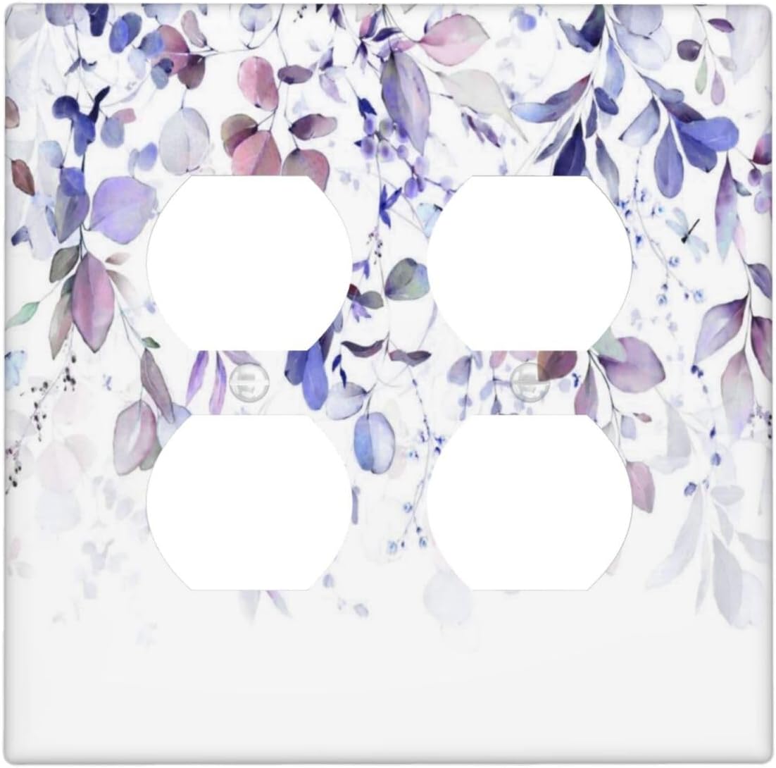 Purple Eucalyptus Watercolor Floral Rustic Leaf Outlet Covers 2 Gang Double Duplex Decorative Light Switch Covers Electrical Wallplates Socket Faceplate for Farmhouse Home Decor