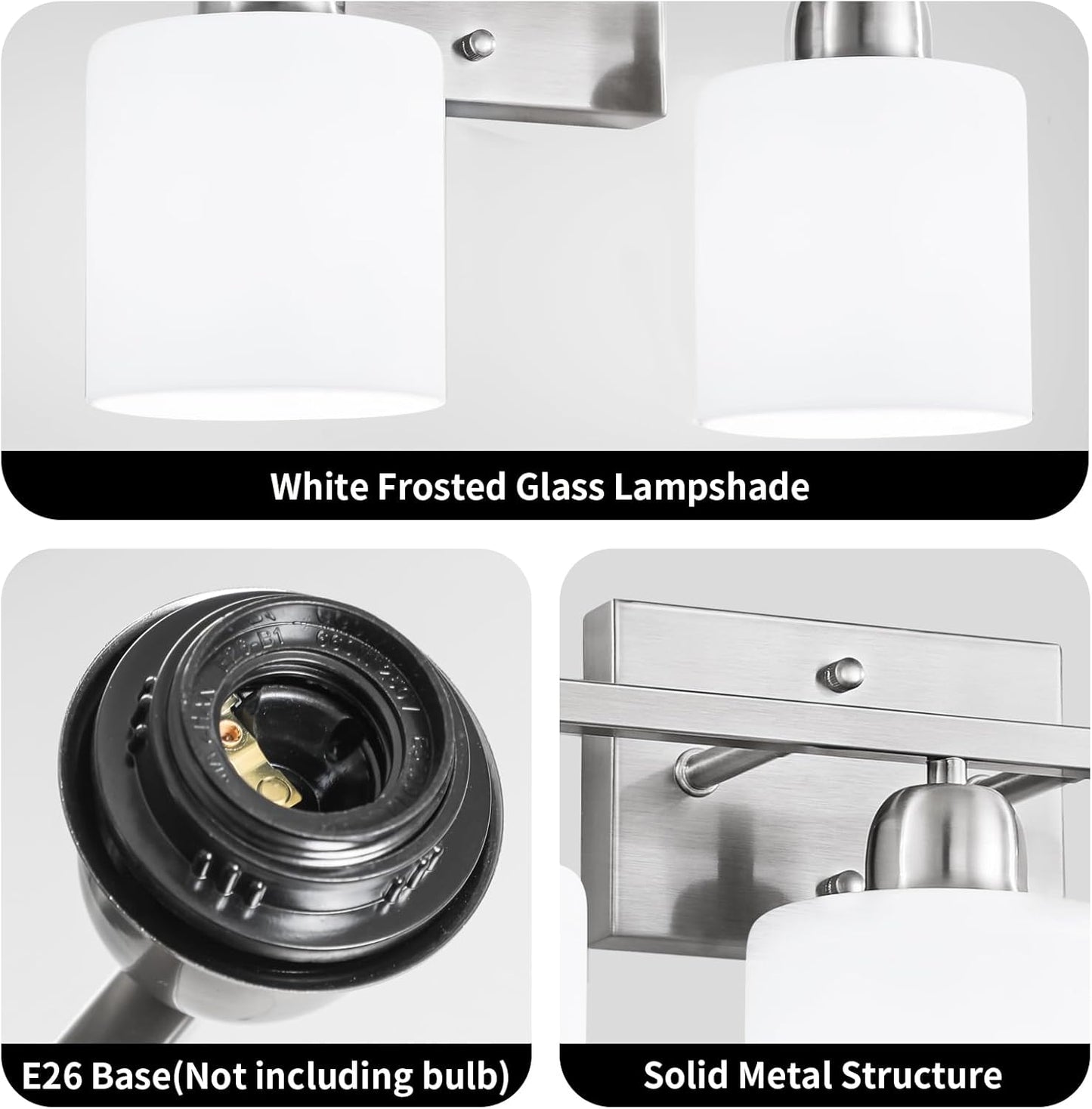 Brushed Nickel Bathroom Light, 2 Light Bathroom Vanity Light Brushed Nickel, Vanity Lamp with Milky White Frosted Glass Shades, E26 Socket