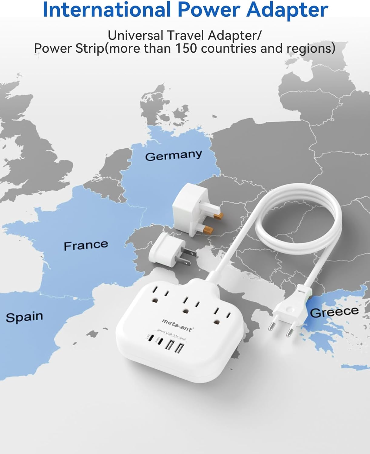 European Travel Plug Adapter, International Power Adapter, US to UK Europe Power Strip for EU/UK/US with 3 AC Outlets & 4 USB(2 USBC), 5ft Extension Cord, Type C for EU UK Europe Germany France, White