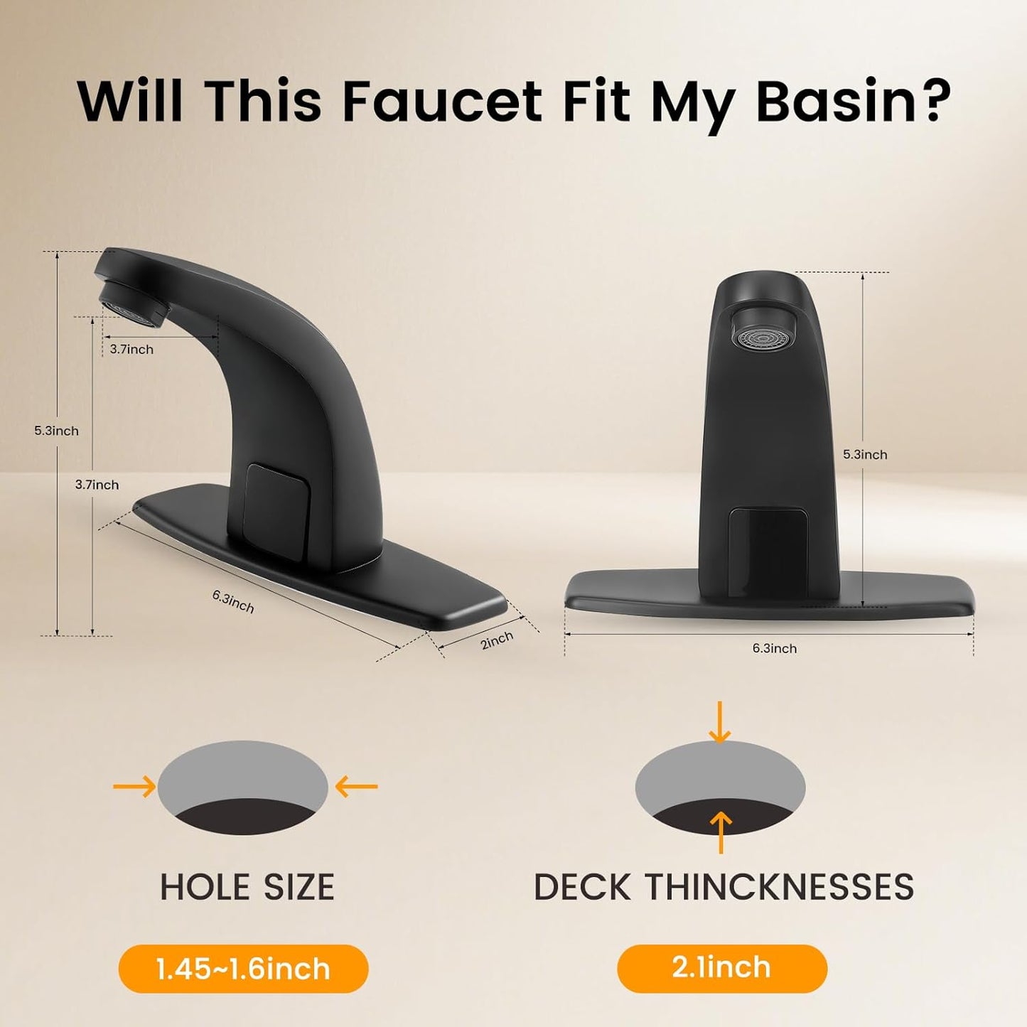 Touchless Bathroom Sink Faucet，Automatic Motion Sensor Faucets with 1 Hole Plate for Water Bath Commercial Lavatory Farmhouse, Black