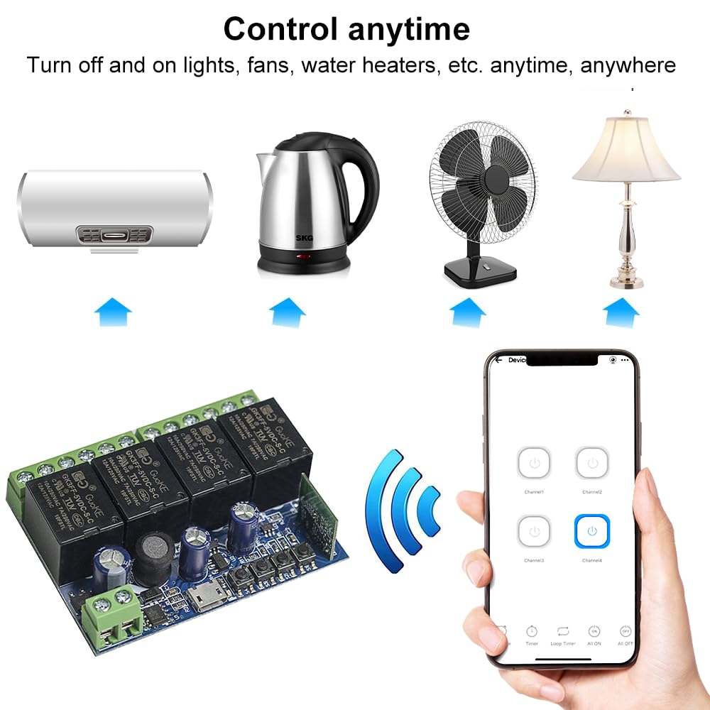 Ewelink WiFi Wireless Smart Relay Module USB 5v 4 Channel Inching Self-Lock Latched Dry Contact Remote Switch for Access Control, Garage Door,Home Automation, Compatible with Alexa Google Home