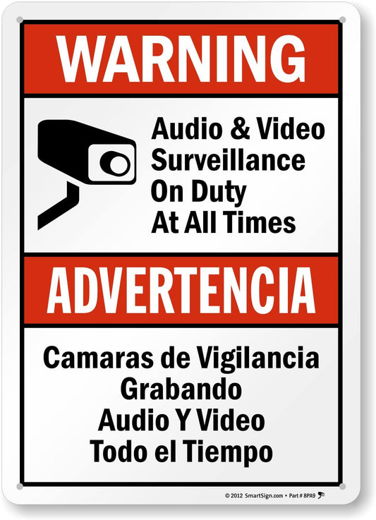 SmartSign 14 x 10 inch “Warning - Audio & Video Surveillance On Duty At All Times” Bilingual Sign, Digitally Printed, 55 mil HDPE Plastic, Red, Black and White, Made in USA