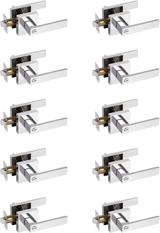 Probrico 10 Pack Commercial Heavy Duty Privacy Door Levers, Flat Style Door Handle Set for Bed and Bath, Left or Right Handing Leverset Lockset, Polished Chrome Finish