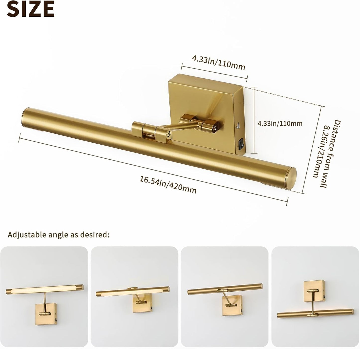 Joosenhouse Battery Operated Picture Lights for Wall Rechargeable Art Lighting for Paintings Wireless Gallery Light with Remote Control 16.54” Dimmable and Timed Off Wall Sconce Brass Color