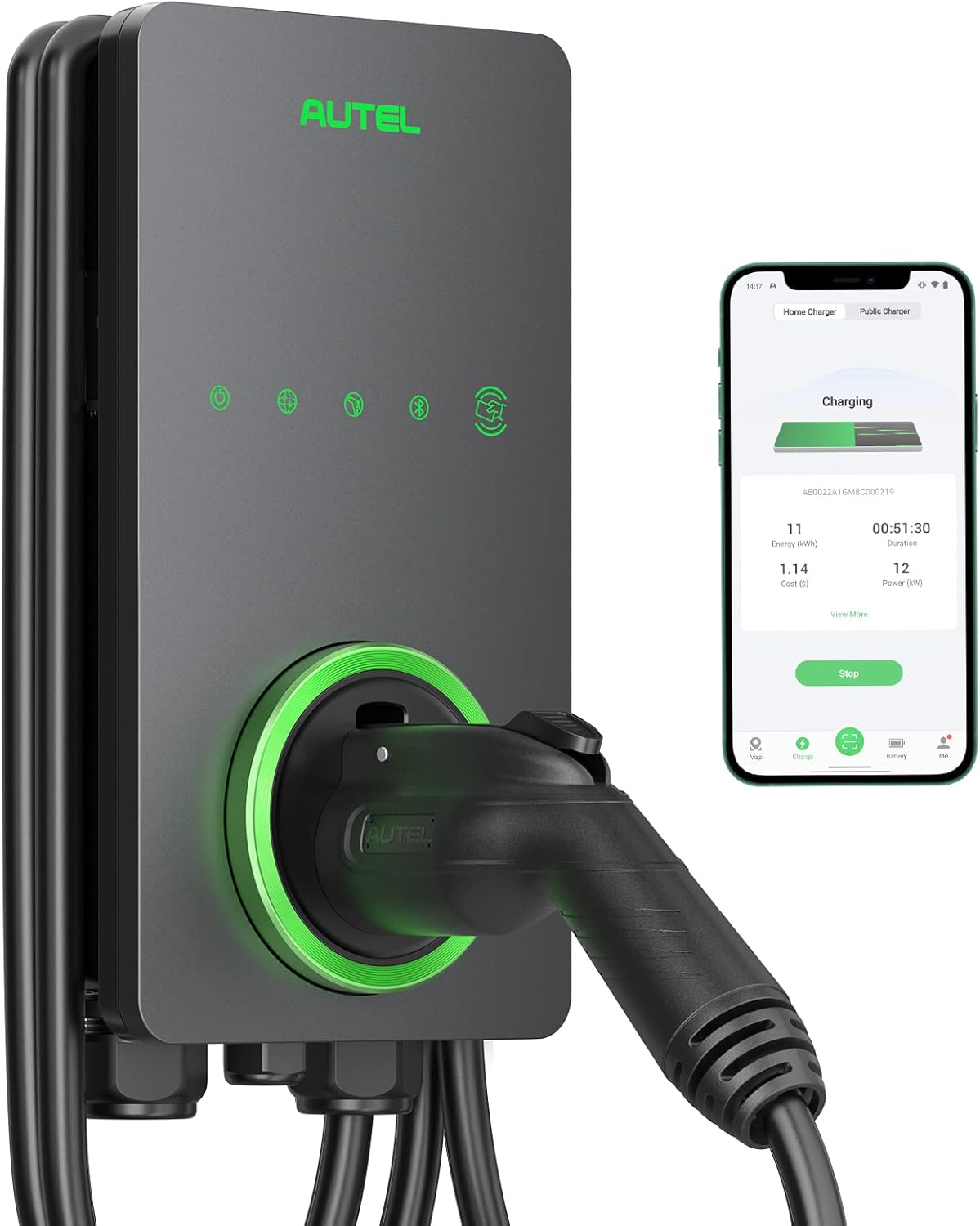 Autel Home Smart Electric Vehicle (EV) Charger up to 50Amp, 240V, Indoor/Outdoor Car Charging Station with Level 2, Wi-Fi and Bluetooth Enabled EVSE, 25-Foot Cable(Dark Gray)