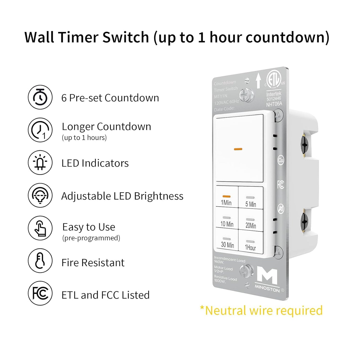 Minoston Countdown Timer Switch, 1-60 Min, Bathroom Fan Timer Switch, Adjustable LED Brightness, 120VAC Neutral Wire Req, ETL and FCC Listed, White (MT11N)