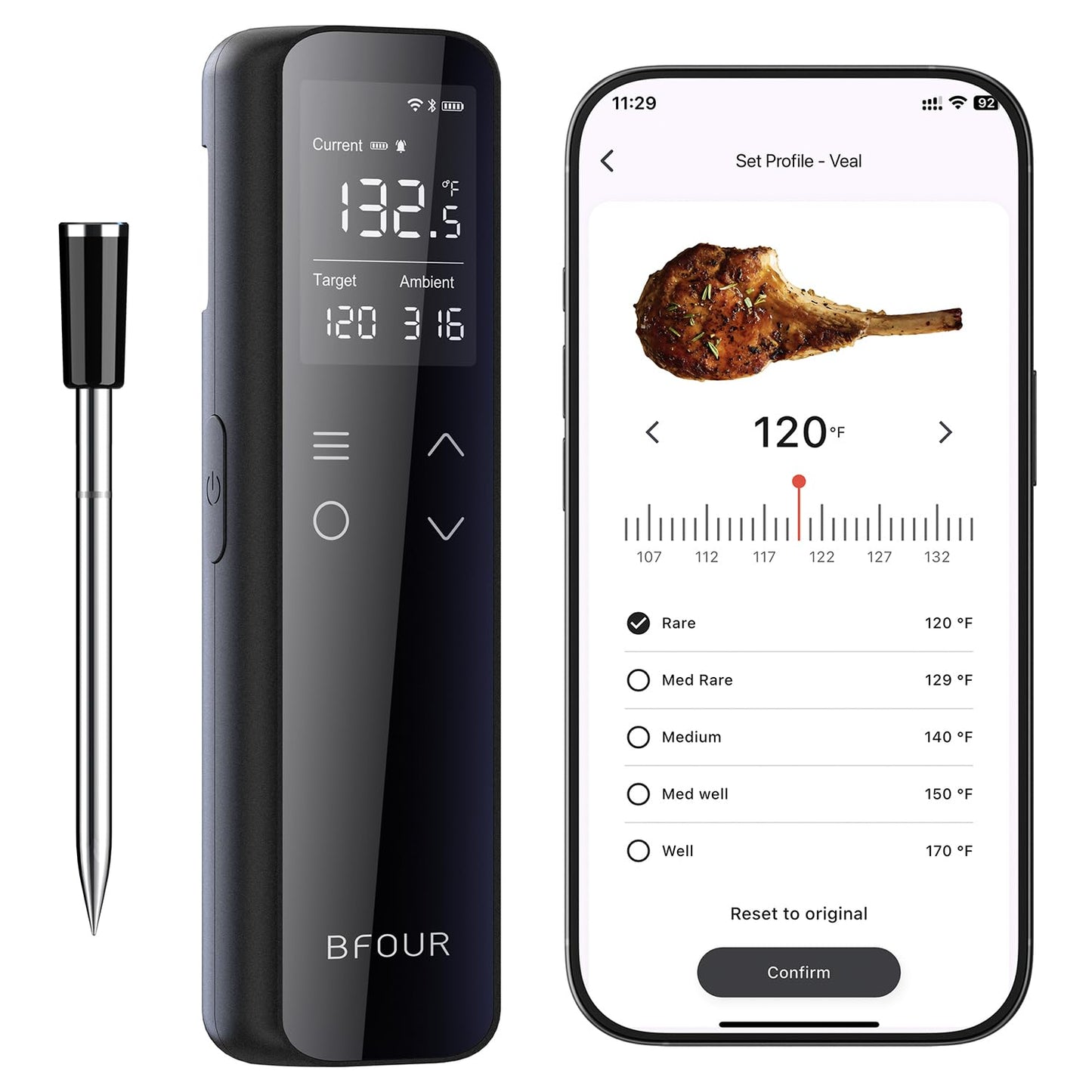 BFOUR WiFi Wireless Meat Thermometer with Standalone Base, 6 Precision Sensor, Waterproof and Heat Resistant, Intuitive Smart App, Bluetooth Meat Thermometer for Cooking, BBQ, Oven, Grill, Smoker