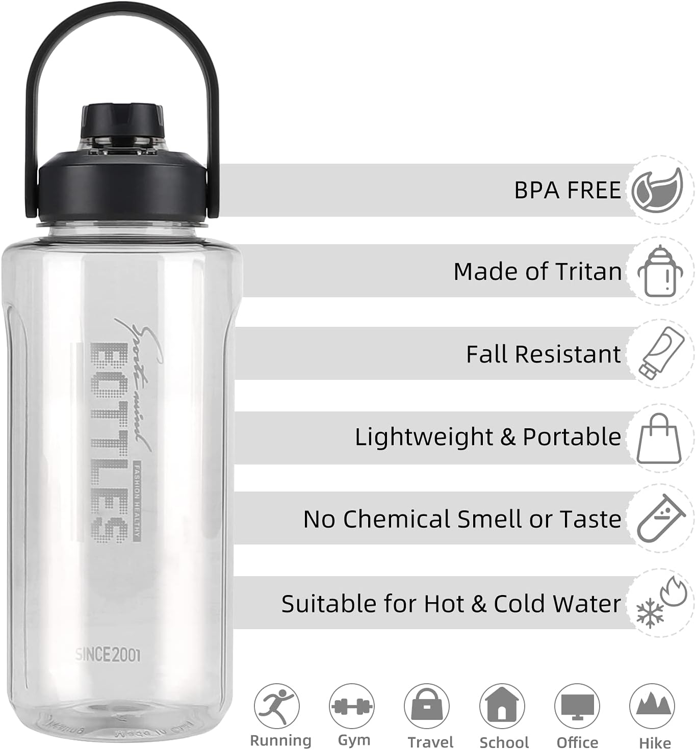 Half Gallon/64oz Water Bottle With Handle, Leak proof with removable strainer, BPA Free Fitness 2L Sports Water Jug, ensure You Drink Enough Water Daily for Gym and Outdoor Sports(Grey)