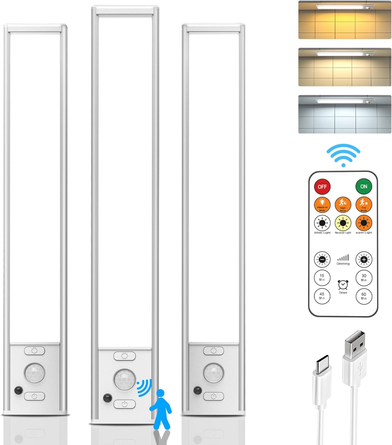 Under Cabinet Lights with Remote Control, USB Rechargeable Battery 180 Lumen Motion Sensor Indoor Light,3 Pack Wireless Under Counter Light,3 Color Dimmable Closet Lighting for Kitchen,Stairs,Wardrobe