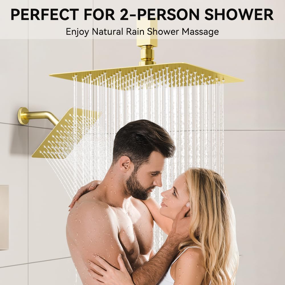 Brushed Gold Shower System, STARBATH Ceiling Mounted 10+6 Inch Rainfall Shower Head with 2 in 1 High Pressure Handhled, Can Use All at Once, Push Button Diverter Thermostatic Valve with Trim Kit