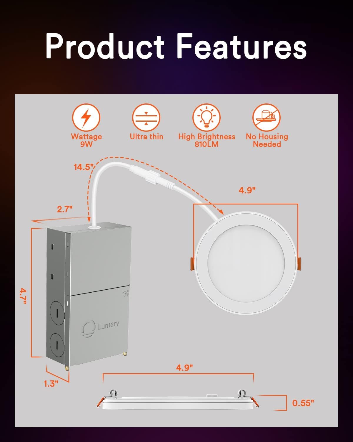 Lumary RGBAI Smart Recessed Lighting 4 Inch with Gradient Accent and Night Ring, 9W 780LM WiFi Canless Wafer Downlight with Junction Box, LED Downlight Work with Alexa/Google Assistant/Siri, 4PCS