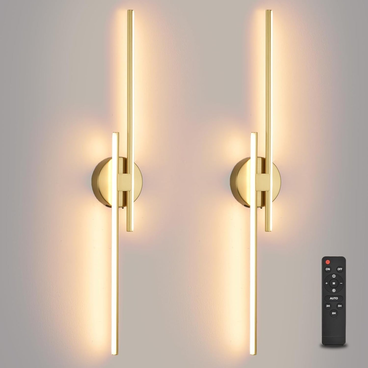 Battery Operated Wall Sconce Set of 2,Gold 31.4" 3000K-6500K LED Dimmable Wall Sconces with Remote Control,Wireless Wall Light USB Rechargeable for Bedroom Hallway Living Room Background Wall Lighting